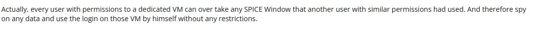 Screenshot of a Proxmox user reporting a security vulnerability in SPICE where users with VM permissions can take over another user's SPICE window, potentially leading to data spying and unauthorized VM login.