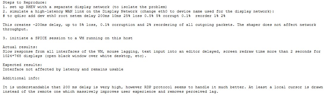 A screenshot of a bug report reproducing a SPICE session performance issue over a simulated high-latency network, noting slow response and lag.