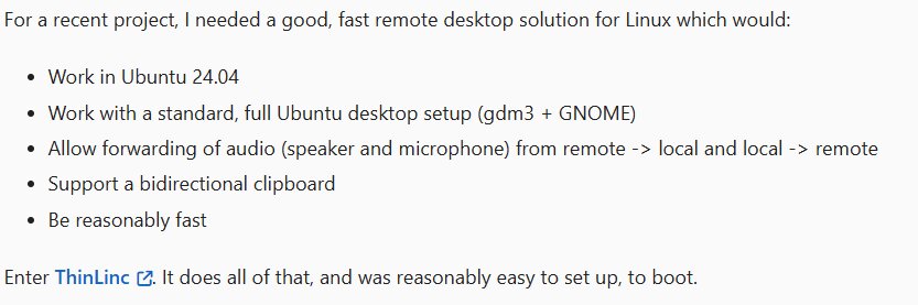 A user's list of essential features for a Linux remote desktop solution, including compatibility with Ubuntu 24.04, a full desktop experience, two-way audio, a shared clipboard, and fast performance. The text concludes by stating that ThinLinc software meets all these needs and is also easy to set up.