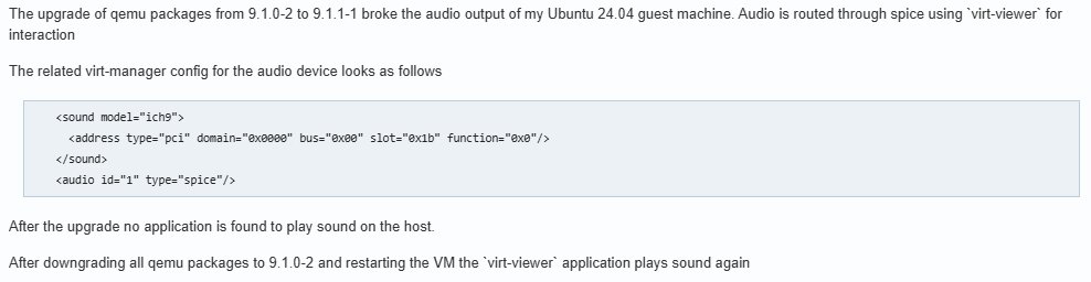 Screenshot of an user showing how a software update (for qemu virtualization) caused sound to stop working in an Ubuntu virtual machine. The sound was being managed through SPICE and virt-viewer.