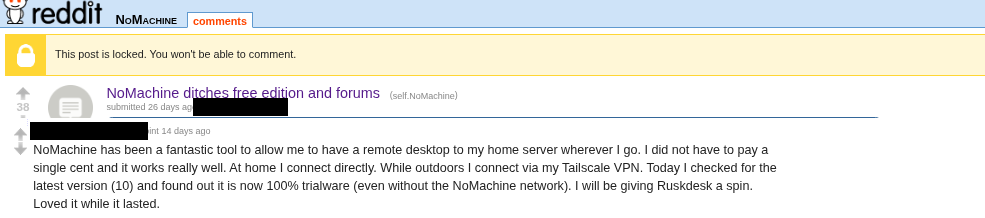 Reddit comment in r/NoMachine about NoMachine becoming trialware after the free edition was removed